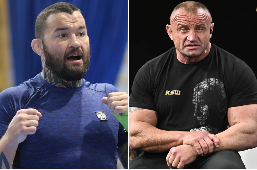 Michał Materla i Mariusz Pudzianowski mogą zawalczyć dla organizacji Oktagon MMA Po lewej stronie mężczyzna z tatuażami na szyi w sportowej koszulce, w pozie sugerującej gotowość do walki, po prawej umięśniony mężczyzna siedzący w czarnej koszulce z nadrukiem KSW, obaj w skupieniu.