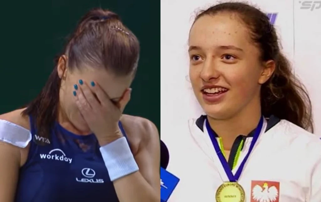 Iga Świątek miała 14 lat, gdy Agnieszka Radwańska wygrywała WTA Finals Po lewej stronie osoba w sportowej koszulce z opaskami na ramionach, zakrywająca twarz dłonią, co może sugerować rozczarowanie lub zmęczenie, po prawej młoda kobieta uśmiechnięta z medalem na szyi oraz naszywką z orłem, najprawdopodobniej po zwycięstwi...