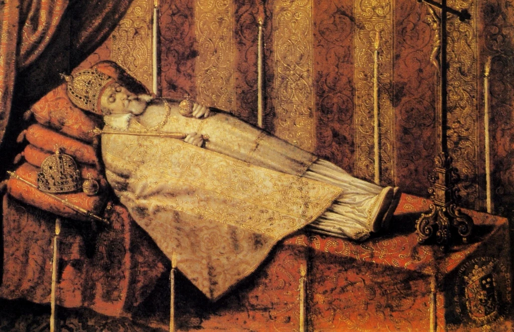 "Zygmunt III Waza na katafalku". Obraz autorstwa Christiana Melicha. Król na głowie ma koronę moskiewską, obok korona szwedzka Ciało dostojnika kościelnego ubranego w bogato zdobione szaty liturgiczne spoczywa na katafalku, głowa oparta na kilku poduszkach, obok insygnia kościelne oraz dekoracyjne świeczniki, tło stanowi ciężka zasłona.