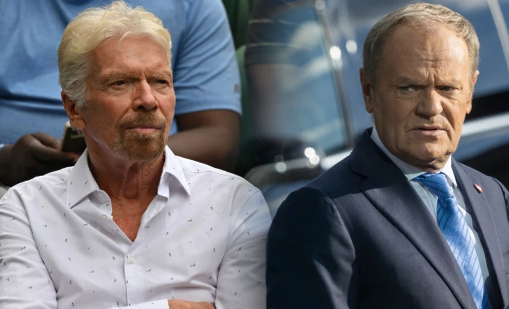Richard Branson skomentował wywiad z premierem Donaldem Tuskiem Dwóch mężczyzn w średnim wieku, jeden ubrany w białą koszulę, drugi w garnitur i niebieski krawat, obaj patrzą poważnie w stronę obiektywu, tło rozmyte, kontrastujące sylwetki.
