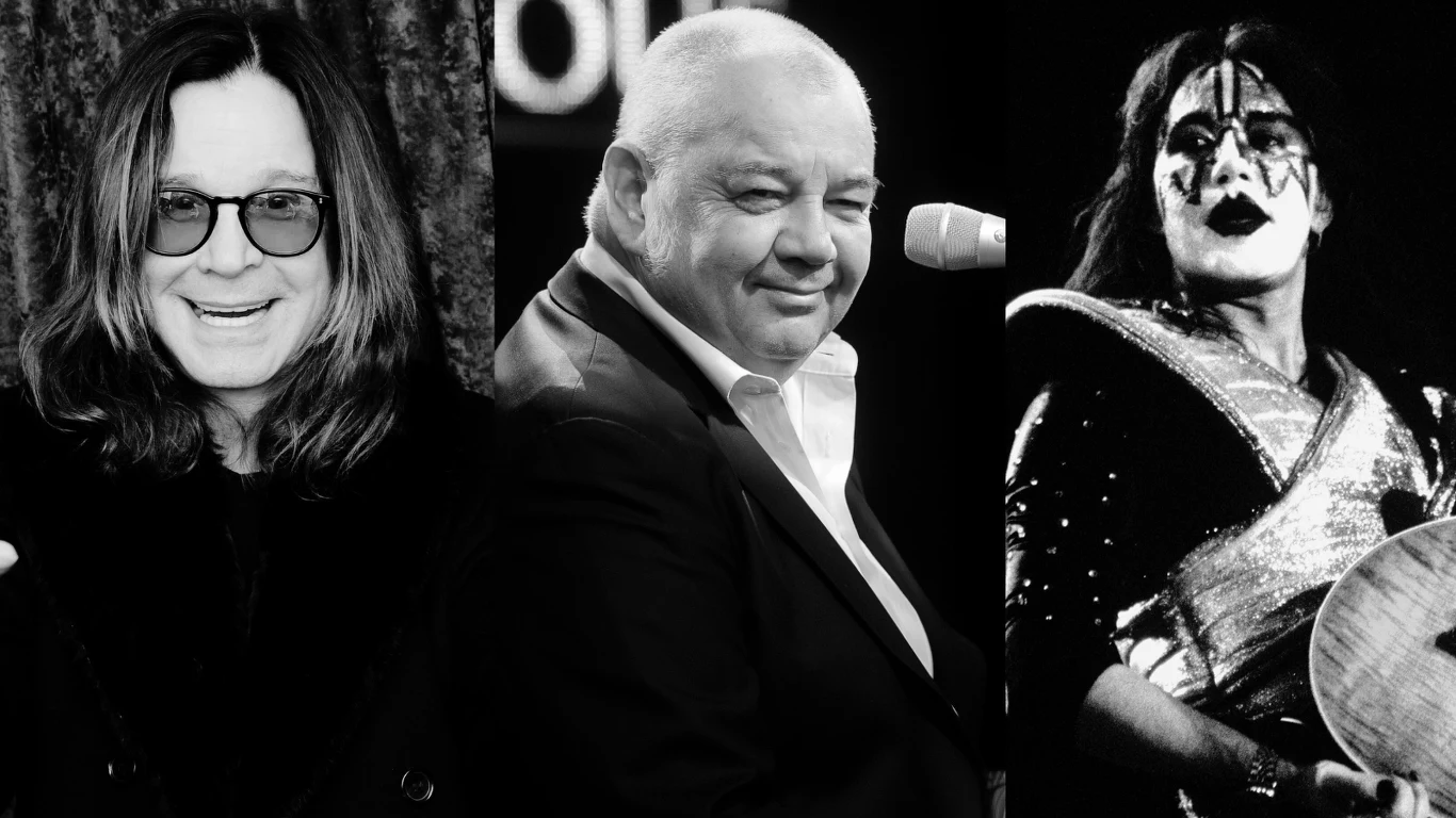Od lewej: Ozzy Osbourne, Stanisław Sojka, Ace Frehley Trzy portrety osób ustawionych obok siebie, po lewej mężczyzna z długimi włosami i okularami, pośrodku łysiejący mężczyzna w garniturze z mikrofonem, po prawej osoba w makijażu scenicznym na tle ciemności.