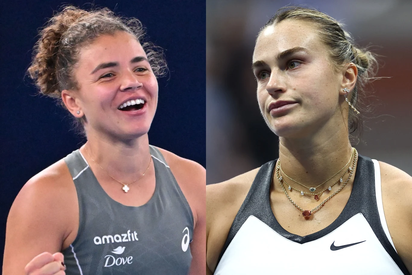 Jasmine Paolini i Aryna Sabalenka trafiły na siebie w jednej grupie WTA Finals 2025 Dwie kobiety w sportowych strojach, po lewej stronie młoda kobieta uśmiechnięta i pełna energii, po prawej inna zawodniczka o poważnym wyrazie twarzy, obie noszą sportowe topy i naszyjniki, tło rozmyte.