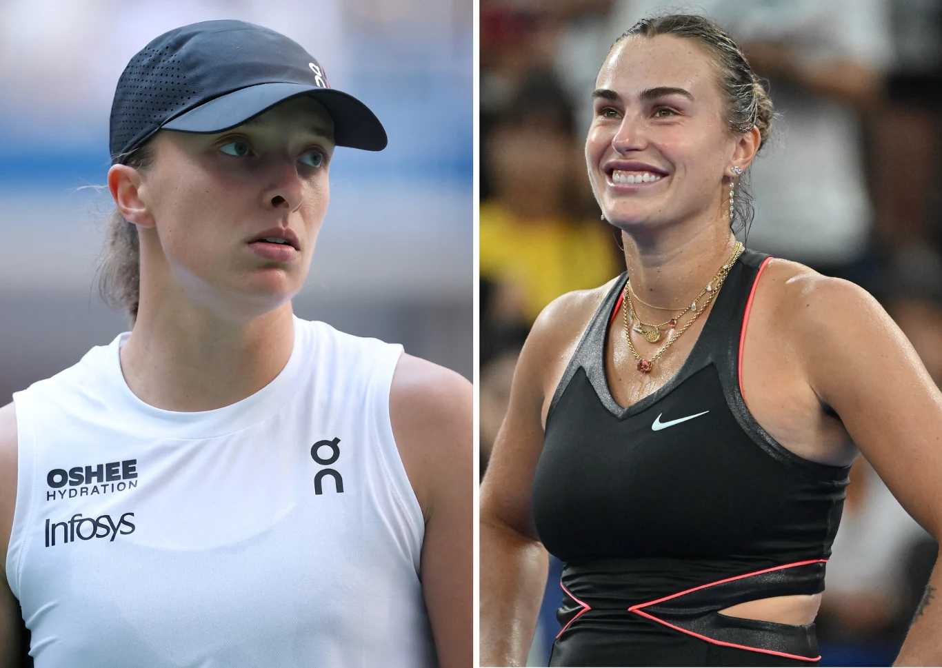 Dwie kobiety w sportowych strojach, po lewej w białej koszulce i czapce z daszkiem, po prawej uśmiechnięta w czarnej koszulce bez rękawów i sportowej biżuterii.