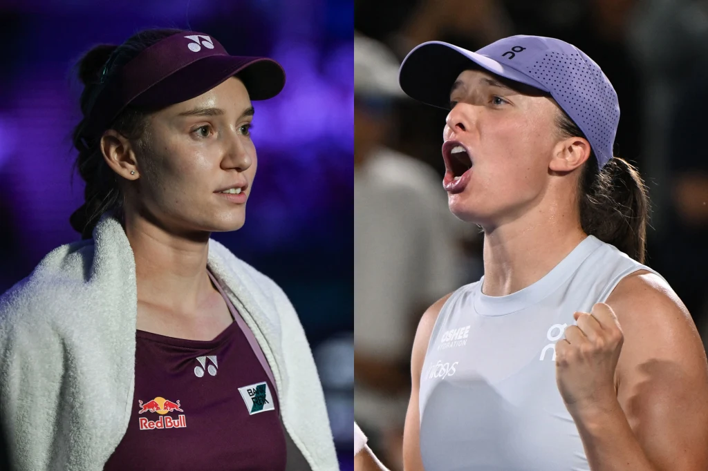 Jelena Rybakina i Iga Świątek zmierzą się ze sobą w drugiej kolejce fazy grupowej WTA Finals 2025 Dwie tenisistki po meczu, po lewej stronie zawodniczka w bordowym stroju i z ręcznikiem na ramionach, po prawej zawodniczka w sportowym stroju w jasnych barwach z wyrazem silnych emocji na twarzy, ściskająca pięść w geście triumfu.