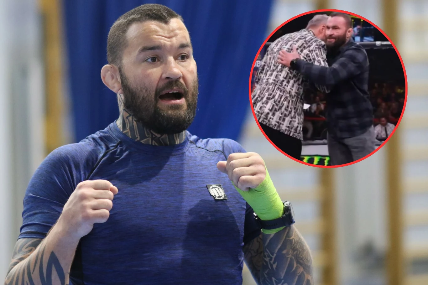 Mężczyzna z tatuażami na szyi i rękach, ubrany w niebieską sportową koszulkę i z zielonym bandażem na dłoni, znajduje się w sali treningowej. W rogu widoczna jest wstawka z inną sceną, gdzie mężczyzna obejmuje drugą osobę na wydarzeniu sportowym, w oto...