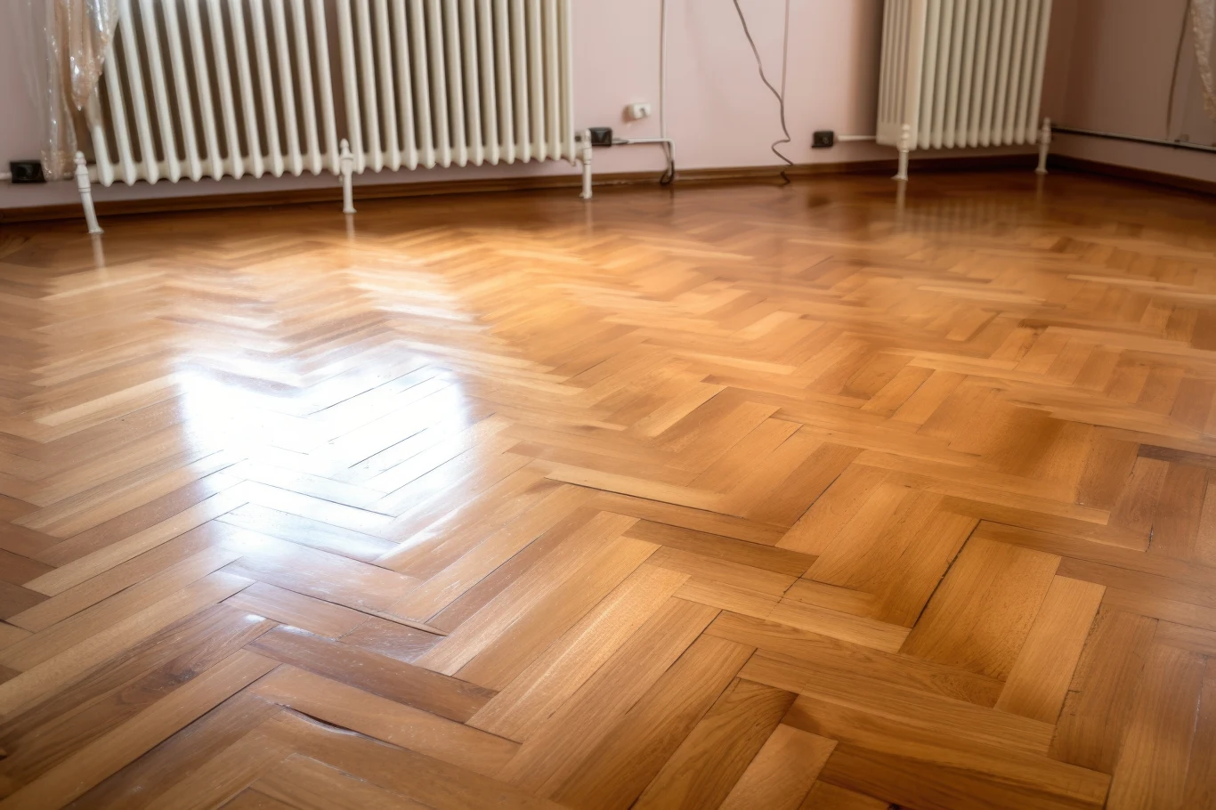 Drewniany parkiet ułożony w jodełkę odbijający światło, kaloryfery oraz jasnoróżowe ściany wnętrza.