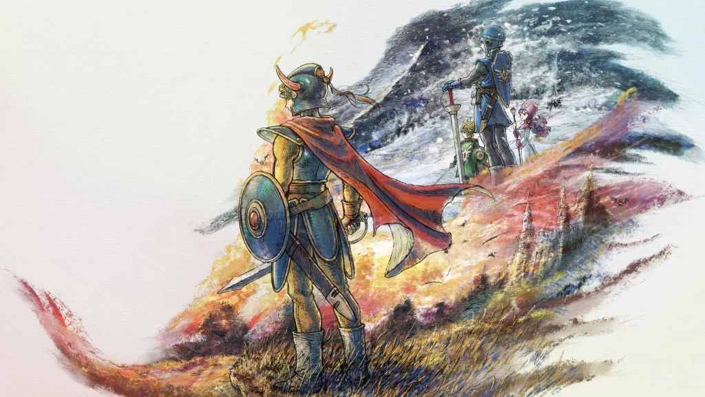 Dragon Quest 1 & 2 Remake Postać rycerza w hełmie z rogami, z mieczem i tarczą, stoi na tle dynamicznej, kolorowej kompozycji przedstawiającej inne fantastyczne postacie oraz pejzaż pełen żywych barw i efektów wizualnych.