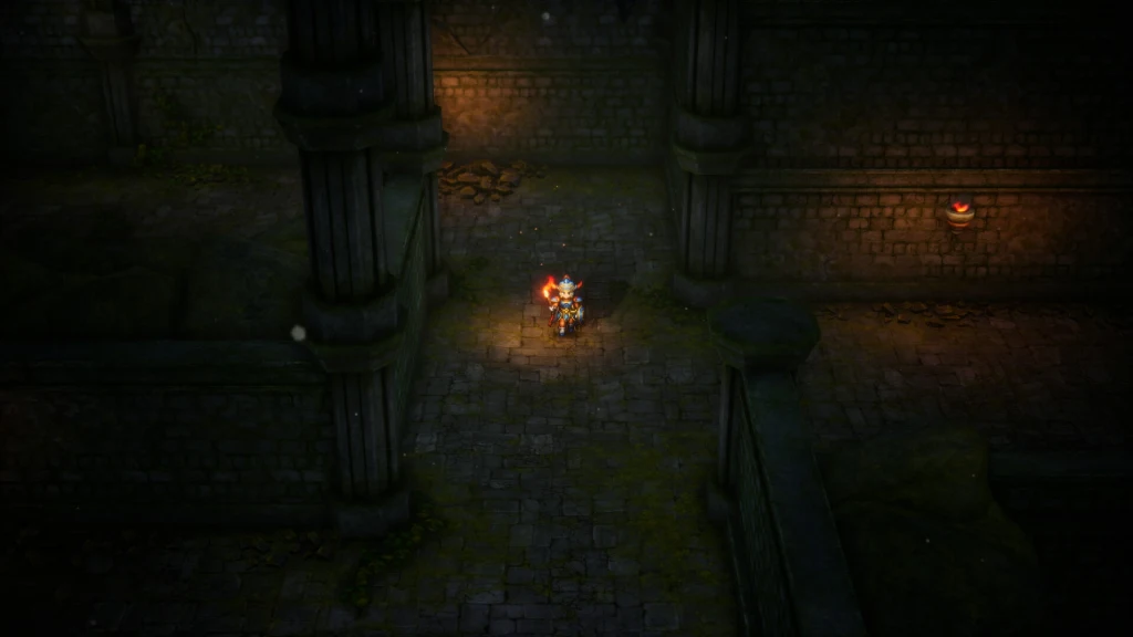 Dragon Quest 1 & 2 Remake Kamienne, ciemne korytarze lochu oświetlone przez migotliwy płomień niesiony przez samotną postać w zbroi. Ceglane ściany i masywne filary otaczają bohatera przemierzającego starożytne ruiny.