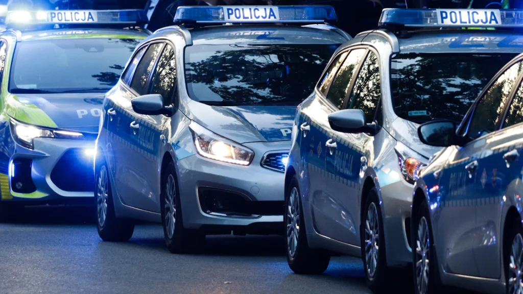 Policyjna obława w Wielkopolsce (zdj. ilustracyjne) Szereg policyjnych radiowozów z włączonymi sygnałami świetlnymi ustawionych jeden za drugim na ulicy