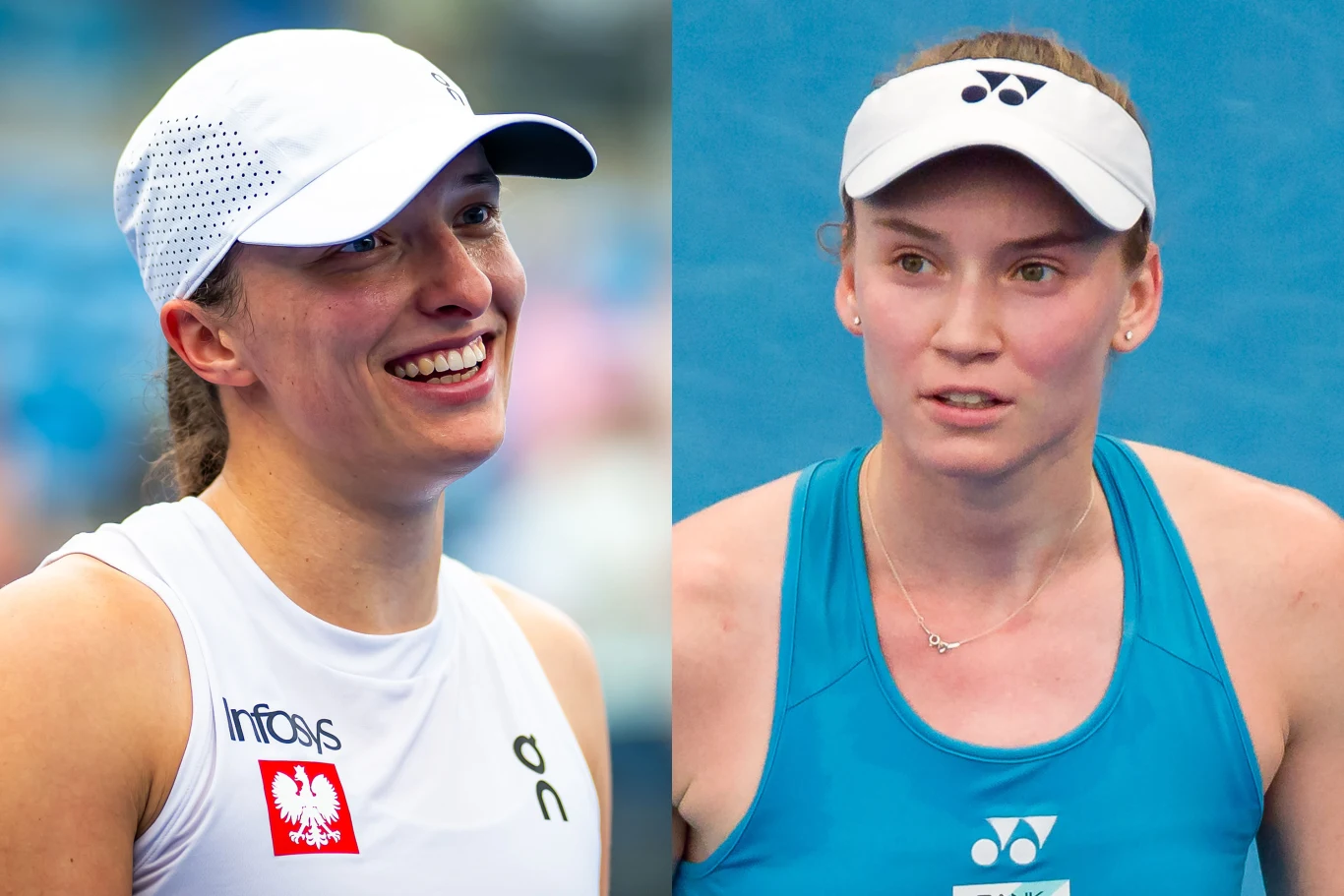 Iga Świątek i Jelena Rybakina podczas United Cup 2025, dziś zagrają ze sobą w WTA Finals Dwie zawodniczki tenisowe w sportowych strojach na korcie, jedna uśmiechnięta w białej koszulce z polskim godłem, druga w niebieskim stroju sportowym, obie w czapkach z daszkiem, tło rozmyte.