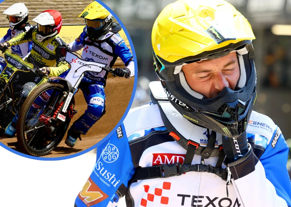 Zawodnik żużlowy w żółtym kasku przygotowuje się do startu, w tle dynamiczna scena z wyścigu z udziałem kilku motocyklistów na torze żużlowym.