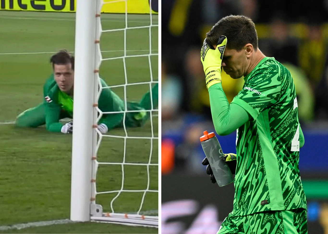 Piłkarz ubrany w zielony strój bramkarski na boisku, z lewej strony leży przy słupku po nieudanej interwencji, z prawej strony trzyma butelkę wody i zakrywa twarz dłonią, wyrażając emocje po meczu lub straconej bramce.