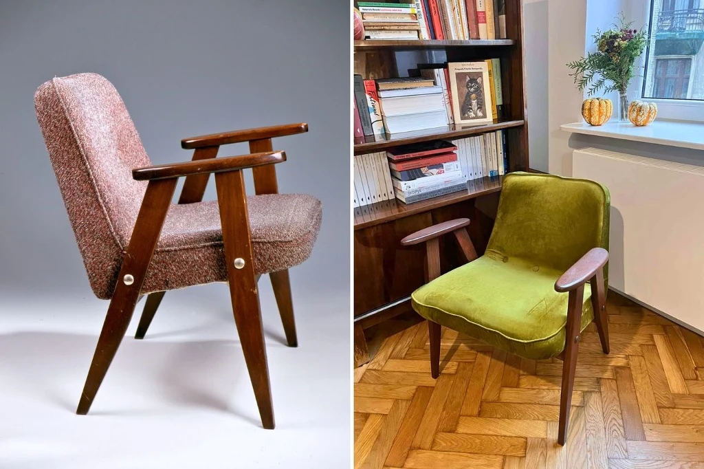 Dwa fotele z lat PRL o charakterystycznej drewnianej konstrukcji i podłokietnikach. Jeden fotel w różowej tapicerce na neutralnym tle, drugi w zielonej tapicerce ustawiony we wnętrzu domowym obok regału z książkami.