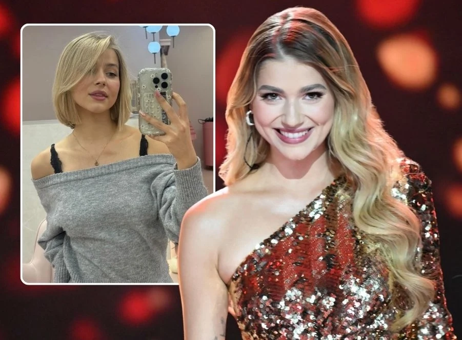 Dwie kobiety, jedna ubrana w błyszczącą sukienkę na jedno ramię, uśmiechnięta na tle rozmazanych czerwono-czarnych świateł, a druga wykonująca selfie w lustrze, w szarym swetrze z odkrytym ramieniem, widoczna na mniejszym wstawionym zdjęciu.