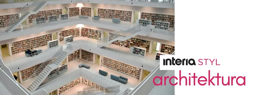 Nowe trendy łączą wygodę z naturalnością i elegancją Wielopoziomowa, nowoczesna biblioteka z panoramicznymi regałami pełnymi książek, licznymi otwartymi przestrzeniami, białymi barierkami i klatkami schodowymi, minimalistycznymi sofami na każdym piętrze oraz jasnym oświetleniem tworzącym przestronny klimat.