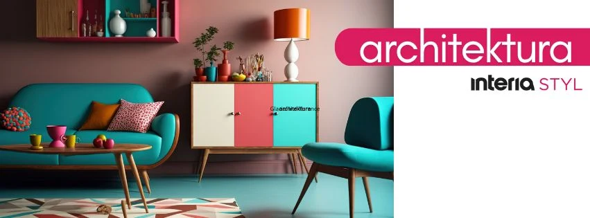 Wnętrze salonu utrzymane w stylu retro z dominującą turkusową sofą, kolorową komodą i okrągłym stolikiem, na którym ustawione są dekoracyjne przedmioty. W pomieszczeniu znajdują się również ozdobne poduszki, lampa stołowa i rośliny, a całość dopełnia j...