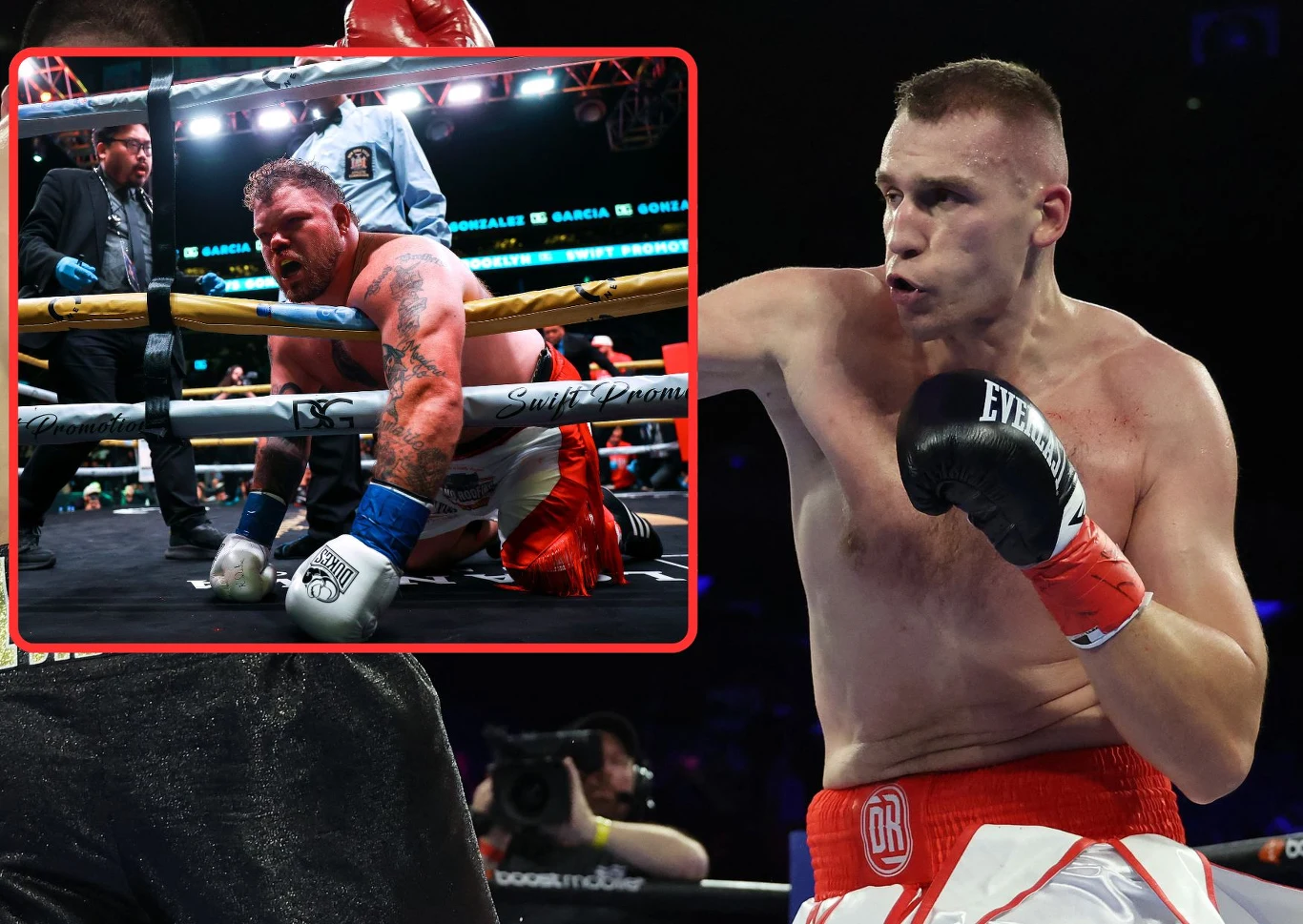 Damian Knyba (z prawej) w ostatniej walce rzucił na deski Joeya Dawejkę. Jeśli zmierzy się z Agitem Kabayelem, poprzeczka pójdzie w górę o kilka pięter Bokser w białych szortach i czerwonych rękawicach w trakcie walki na ringu, przygotowany do ciosu. W lewym górnym rogu znajduje się wstawka z innym bokserem klęczącym przy linach po ciosie, wyraźnie zmęczonym, z sędziami i innymi osobami wokół ringu.