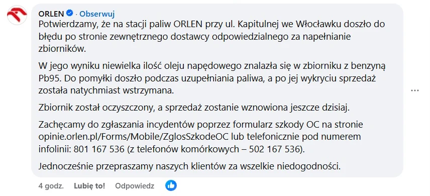 Orlenu zaapelował o zgłaszanie incydentów | Screen: Facebook  Komunikat informacyjny opublikowany przez ORLEN dotyczący incydentu na stacji paliw we Włocławku, związany z błędem podczas uzupełniania zbiorników paliwa, treść wyjaśniająca sytuację i przeprosiny skierowane do klientów.