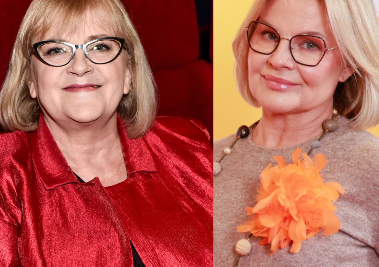 Marzena Kipiel-Sztuka., Dorota Kipiel Dwie kobiety w okularach, jedna ubrana w czerwoną marynarkę na tle ciemnoczerwonego fotela, druga w jasnoszarym swetrze z dużą pomarańczową ozdobą na tle żółtej ściany.