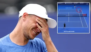 Taka piłka w końcówce pierwszego seta została uznana przez sędziego za dobrą. Kamil Majchrzak przegrał go w tie-breaku