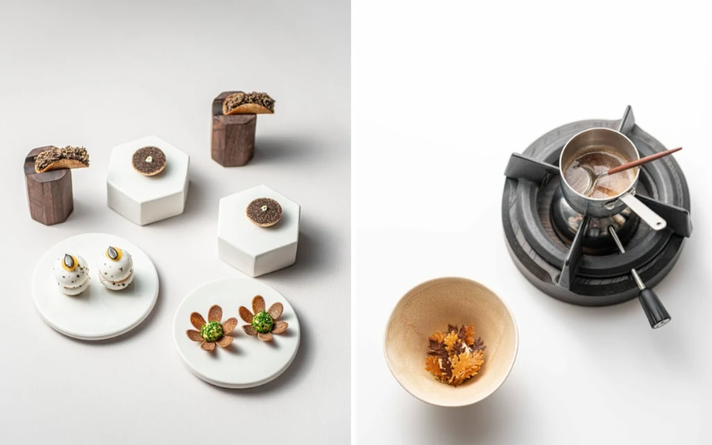 Różnorodne wykwintnie podane potrawy na geometrycznych białych talerzach i podstawkach, obok nich ustawiona misa z przyprawami oraz rondel z drewnianą łyżką podgrzewany na kuchence. Najważniejsze są eleganckie aranżacje jedzenia i minimalistyczna, jasn...