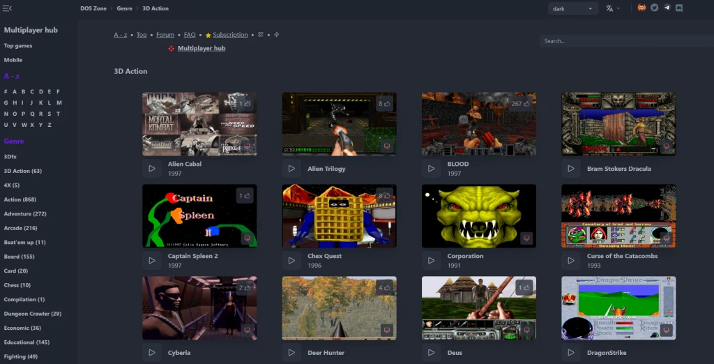 DOS Zone Lista klasycznych gier komputerowych w widoku katalogu 3D Action, pokazująca okładki i fragmenty rozgrywki różnych tytułów na ciemnym interfejsie strony internetowej.