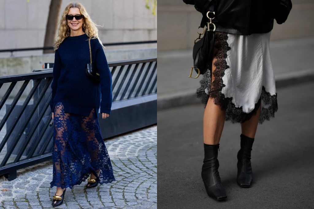 Dwie kobiety prezentujące modne stylizacje z przezroczystymi spódnicami z koronkowymi elementami, jedna w granatowej spódnicy i granatowym swetrze z torebką na łańcuszku, druga w białej spódnicy z koronkowymi wstawkami, czarnych botkach i czarnej kurtce.