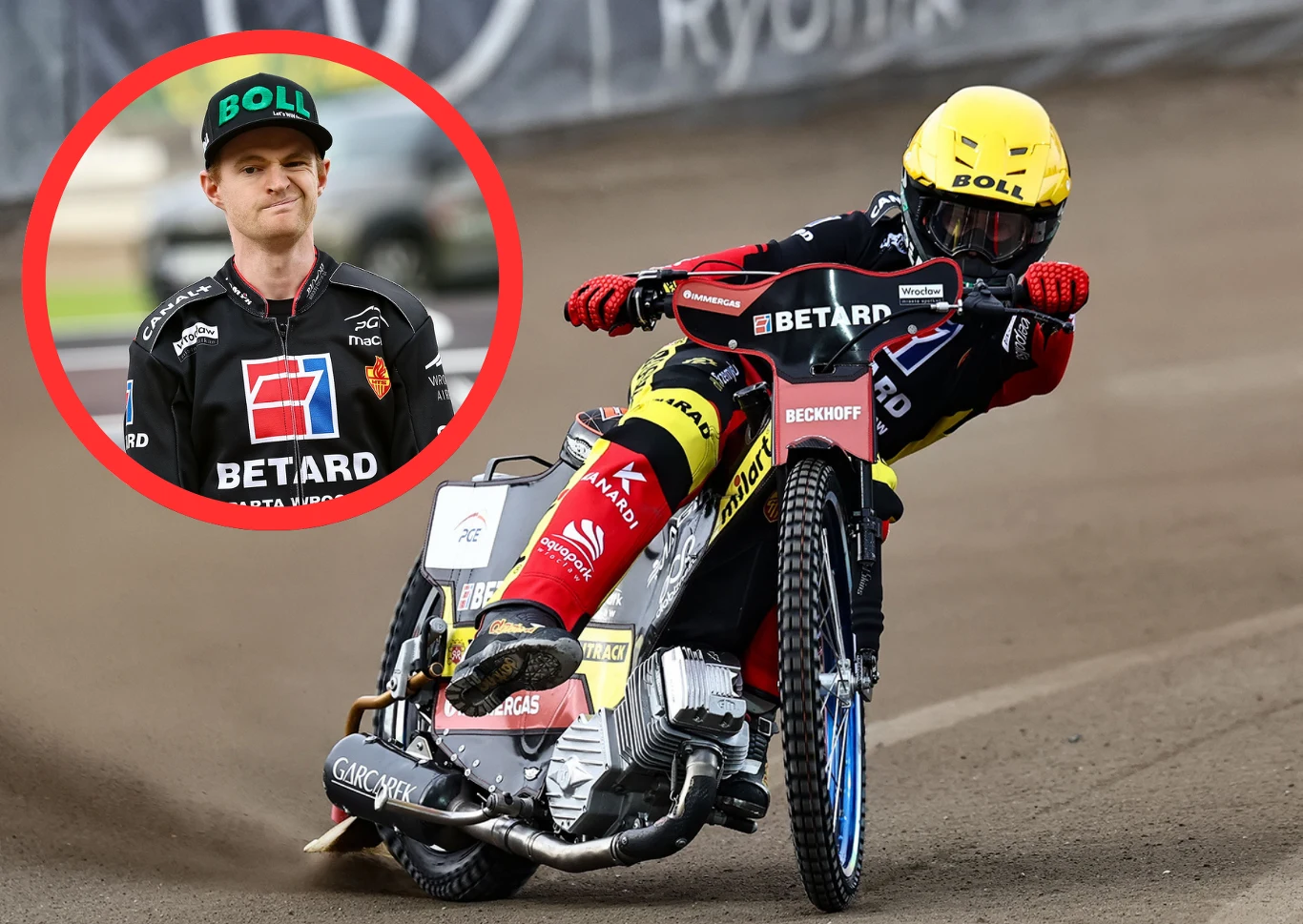 Brady Kurtz mógł trafić do Apatora Toruń Zawodnik żużlowy w kasku żółtym podczas dynamicznej jazdy na torze, ujęty w charakterystycznym pochyleniu podczas skrętu, a w lewym górnym rogu znajduje się okrągłe zdjęcie portretowe tego samego sportowca w sportowym stroju z logotypami sponsora.