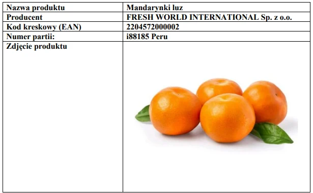 Cztery świeże mandarynki ułożone blisko siebie na białym tle, ozdobione kilkoma zielonymi liśćmi, widoczne są w tabeli produktowej z informacjami o producencie, kodzie kreskowym i numerze partii.