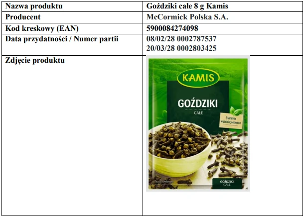 Auchan informuje o wycofaniu ze sprzedaży goździków Opakowanie goździków całych marki Kamis o gramaturze 8 g, z czytelnie widoczną nazwą produktu, zdjęciem przyprawy oraz informacją o producencie i dacie przydatności do spożycia.