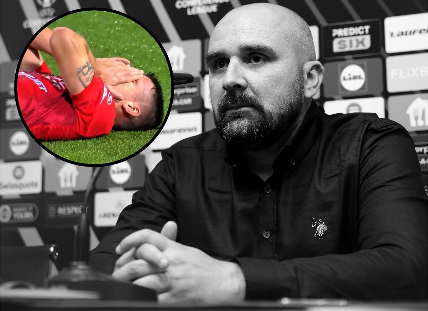 Nie żyje Mladen Zizović. Tragiczne wieści dotarły jeszcze podczas spotkania Mężczyzna siedzący przy stole konferencyjnym na tle tablicy sponsorskiej, na zdjęciu w okrągłej wstawce piłkarz leżący na murawie z zakrytą twarzą rękami po możliwej kontuzji.