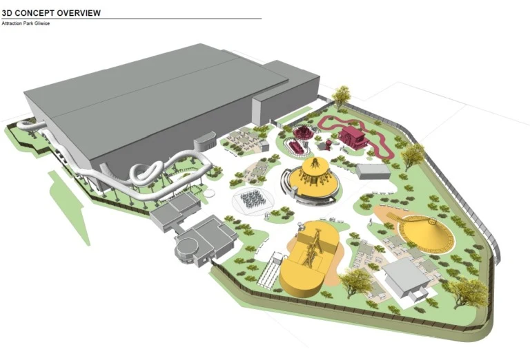Projekt parku rozrywki w widoku 3D z wieloma atrakcjami na świeżym powietrzu, w tym dużymi zadaszonymi halami, ścieżkami, karuzelami, zamkniętymi tunelami oraz bujną zielenią otaczającą poszczególne strefy rekreacyjne.