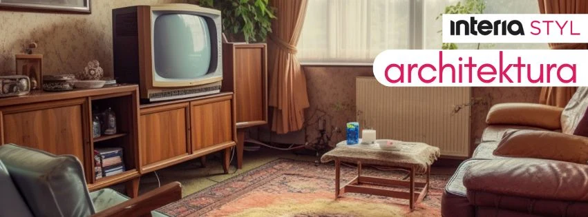 Wnętrze salonu z lat 80., drewniana meblościanka, stary telewizor kineskopowy na stojaku, fotel i stolik z serwetką, na podłodze kolorowy dywan, przy oknie firanka i grzejnik, w rogu roślina doniczkowa.