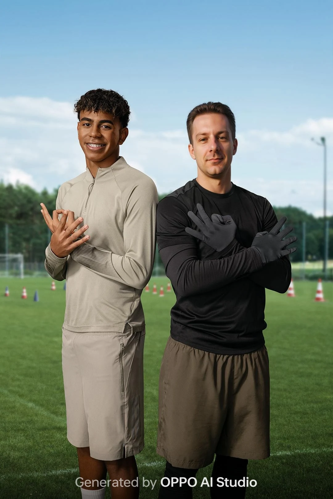AI Studio w Oppo Find X9 Pro. Dwóch młodych mężczyzn pozuje na zielonym boisku, w tle widoczne pachołki i siatka, obaj trzymają ręce skrzyżowane na piersi i uśmiechają się lub są poważni.