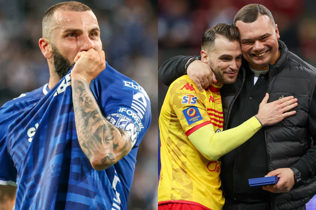 Lech Poznań (z lewej Mikael Ishak) oraz Jagiellonia Białystok (Jesus Imaz i trener Adrian Siemieniec) poznali swoich rywali w PP Po lewej stronie piłkarz w niebieskiej koszulce całuje herb swojego klubu z widocznym na jego twarzy wzruszeniem. Po prawej uśmiechnięty zawodnik w żółto-czerwonej koszulce obejmuje mężczyznę w ciemnej kurtce, obaj wyrażają radość i satysfakcję.