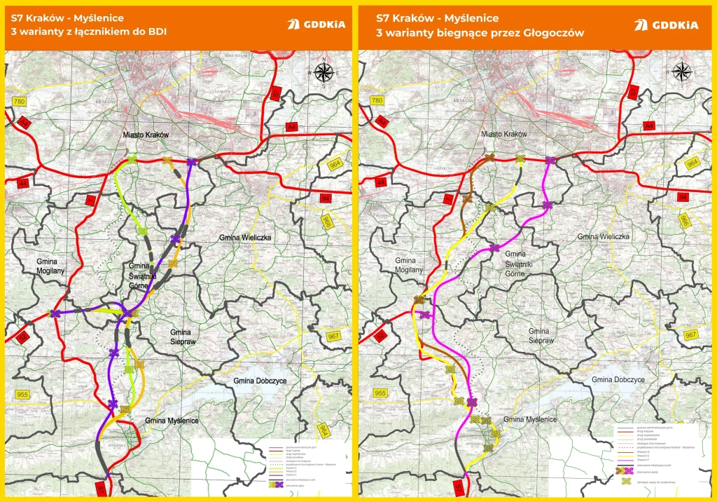 Porównanie dwóch wariantów przebiegu drogi ekspresowej S7 z Krakowa do Myślenic, z lewej strony trzy warianty z łącznikiem do BDI, z prawej strony trzy warianty biegnące przez Głogoczów, oznaczone różnymi kolorami na mapie. Na obu mapach umieszczono dr...