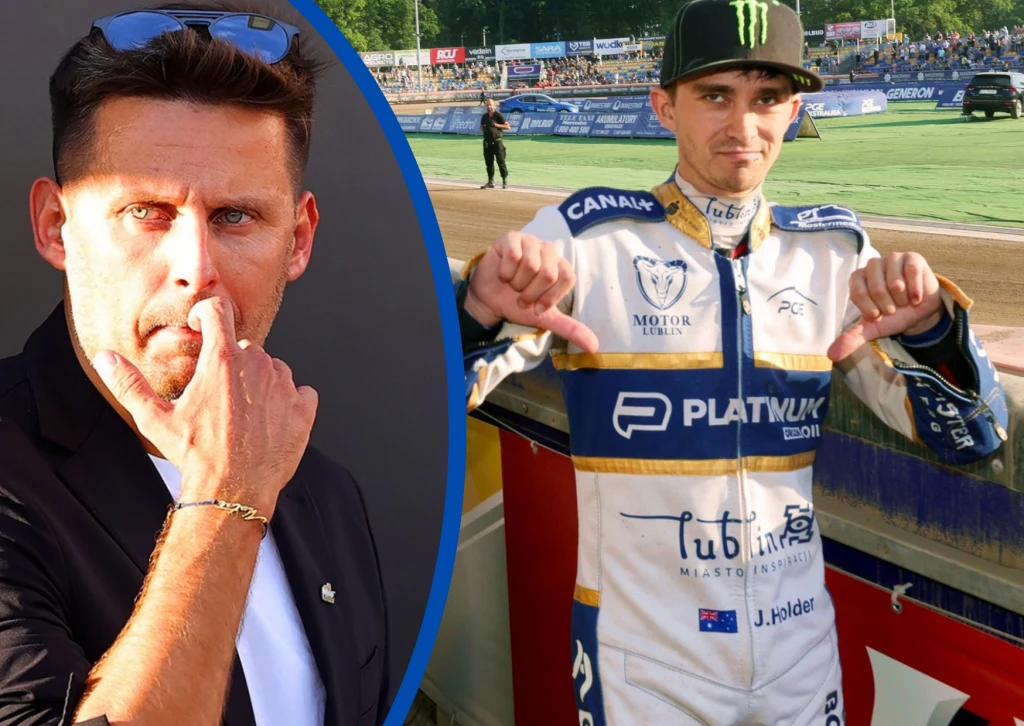 Po lewej stronie mężczyzna w okularach przeciwsłonecznych, ubrany w ciemną marynarkę, dotyka ust i wygląda na zamyślonego. Po prawej zawodnik żużlowy w stroju drużyny Motor Lublin wykonuje gest opuszczonych kciuków, na trybunach widoczna publiczność.