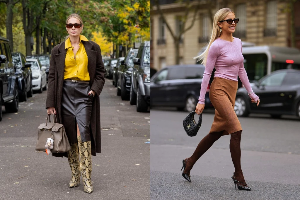 Jak łączyć kolory, aby wyglądać modnie? Fot. Edward Berthelot, Kirstin Sinclair Dwie kobiety prezentujące jesienne stylizacje na ulicy, po lewej kobieta w żółtej koszuli, ciemnej spódnicy, płaszczu i wysokich kozaczkach w stylu wężowym, po prawej kobieta w różowym swetrze, brązowej spódnicy i rajstopach, każda z torebką i okularam...