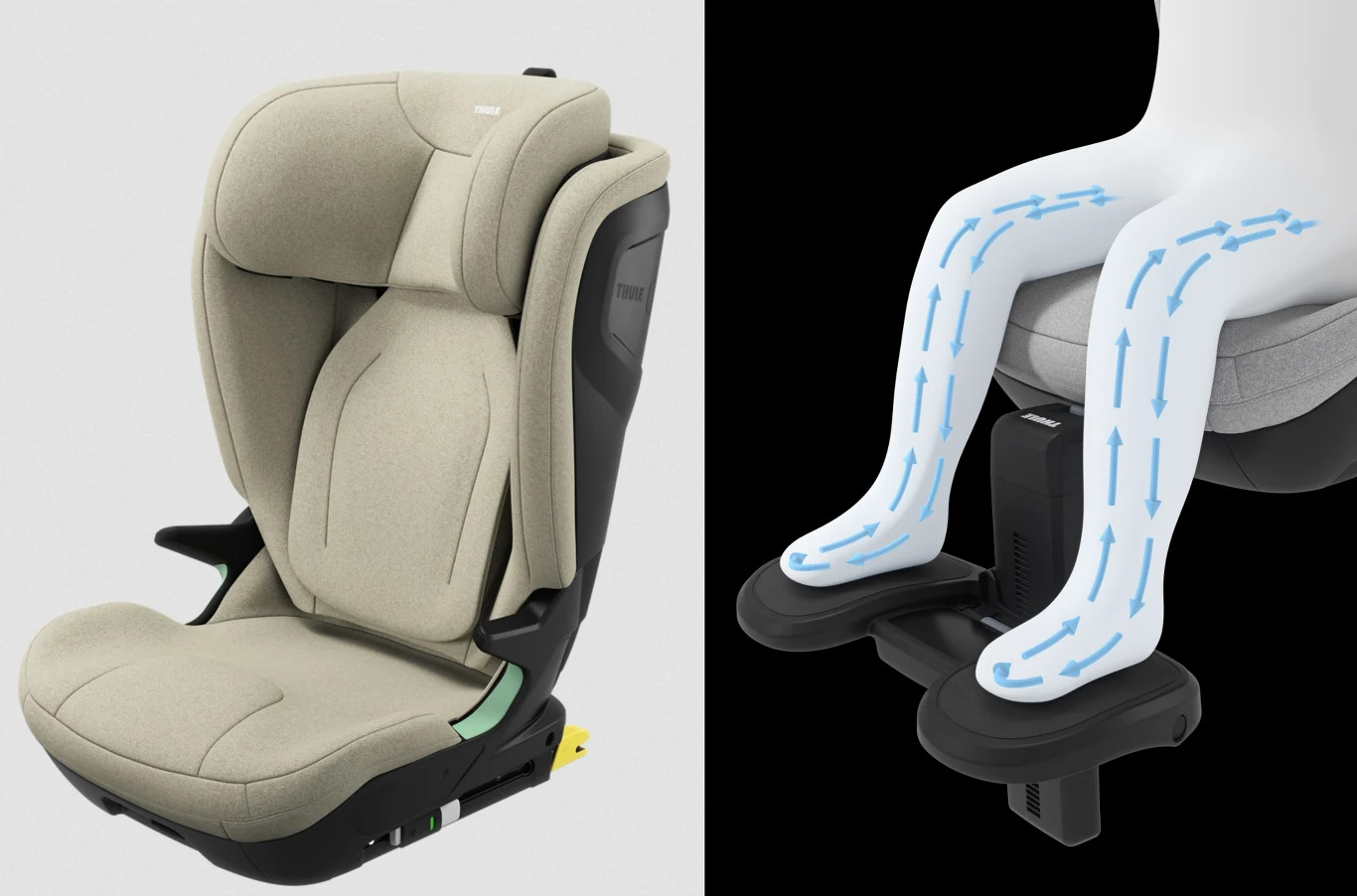 Fotelik samochodowy dla dziecka w jasnym kolorze, obok schematyczny rysunek nóg dziecka siedzącego w foteliku, pokazujący graficznie przepływ powietrza dzięki odpowiedniej konstrukcji siedziska.