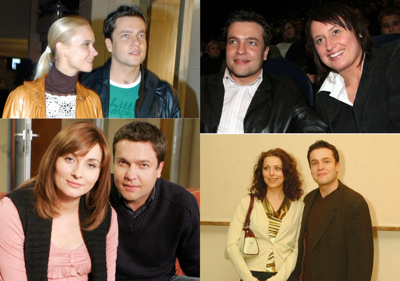 Kobiety w życiu Roberta Kudelskiego. Od lewej od góry: Robert Kudelski, Agnieszka Pomorska, Magdalena Szwedkowicz, Ilona Wrońska, Karolina Muszalak Cztery różne pary pozujące razem w różnych miejscach, elegancko ubrane, każda para siedzi lub stoi blisko siebie, prezentując luźną, przyjazną atmosferę.