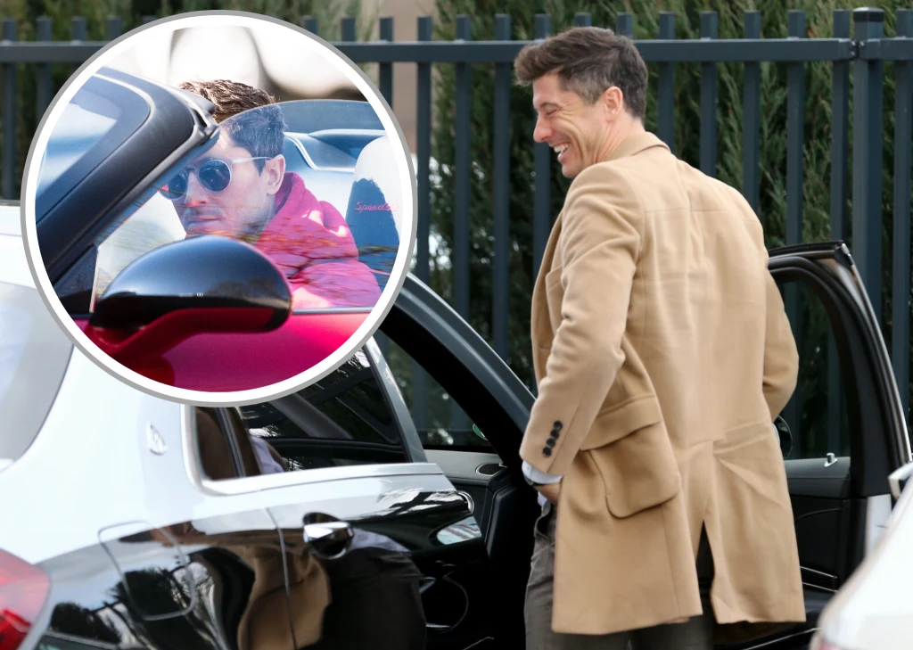 Robert Lewandowski pochwalił się swoim motoryzacyjnym zakupem Mężczyzna w beżowym płaszczu stojący przy otwartych drzwiach luksusowego samochodu, uśmiechnięty, gotowy do wejścia do auta; w okrągłym powiększeniu widoczny ten sam mężczyzna siedzący za kierownicą innego samochodu sportowego, w czerwonej kurtce i oku...