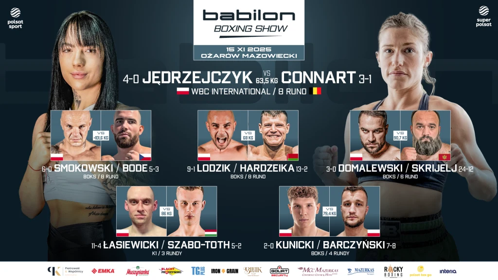 Grafika promująca galę bokserską z wyraźnie widocznymi sylwetkami sportowców biorących udział w poszczególnych walkach oraz ich danymi dotyczącymi rekordów i narodowości, a centralnie wyróżnione są twarze oraz nazwiska uczestników walki wieczoru.