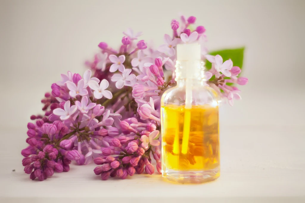 Butelka z olejkiem eterycznym ustawiona obok gałązki kwitnącego bzu, na jasnym tle, tworząca harmonijną i estetyczną kompozycję.