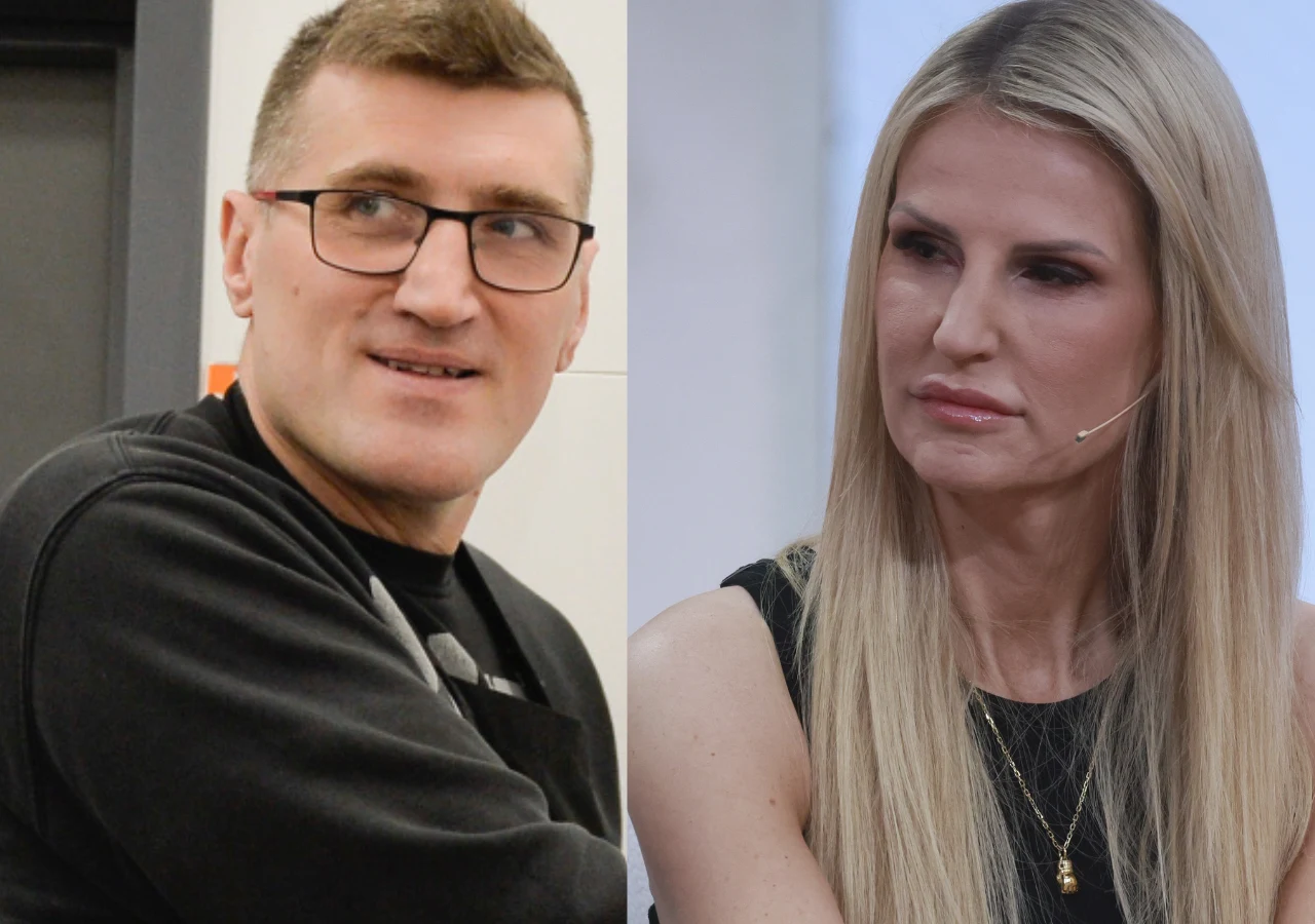 Mariusz Wach, Dominika Tajner Po lewej stronie mężczyzna w okularach z krótkimi włosami, uśmiechający się lekko, ubrany w ciemną bluzę. Po prawej stronie kobieta z długimi blond włosami, ubrana na czarno, z poważnym wyrazem twarzy.