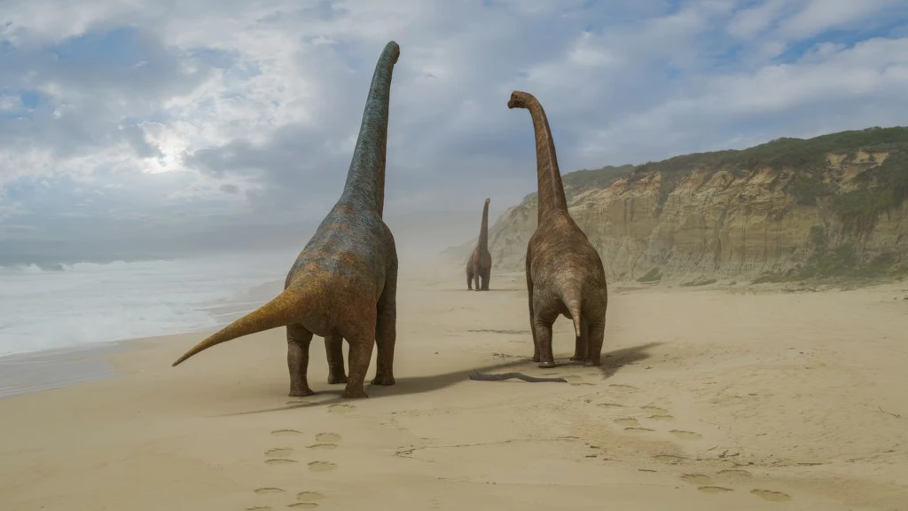 Szczątki lusotytana znaleziono na obszarze, który był brzegiem morza Trzy dinozaury o długich szyjach spacerują po piaszczystej plaży przy klifach, zostawiając ślady w piasku, nad nimi niebo częściowo zachmurzone.