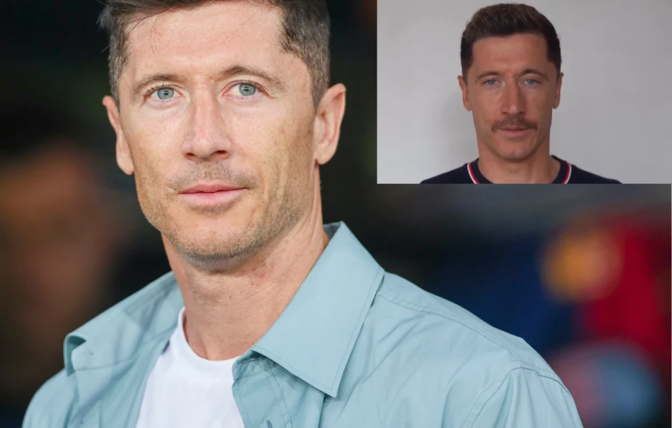 Robert Lewandowski z wąsami Mężczyzna o krótkich, ciemnych włosach i niebieskich oczach w jasnoniebieskiej koszuli na tle rozmytego tła, w prawym górnym rogu widoczne drugie zdjęcie tego samego mężczyzny z wąsem, ubrany w ciemny t-shirt.