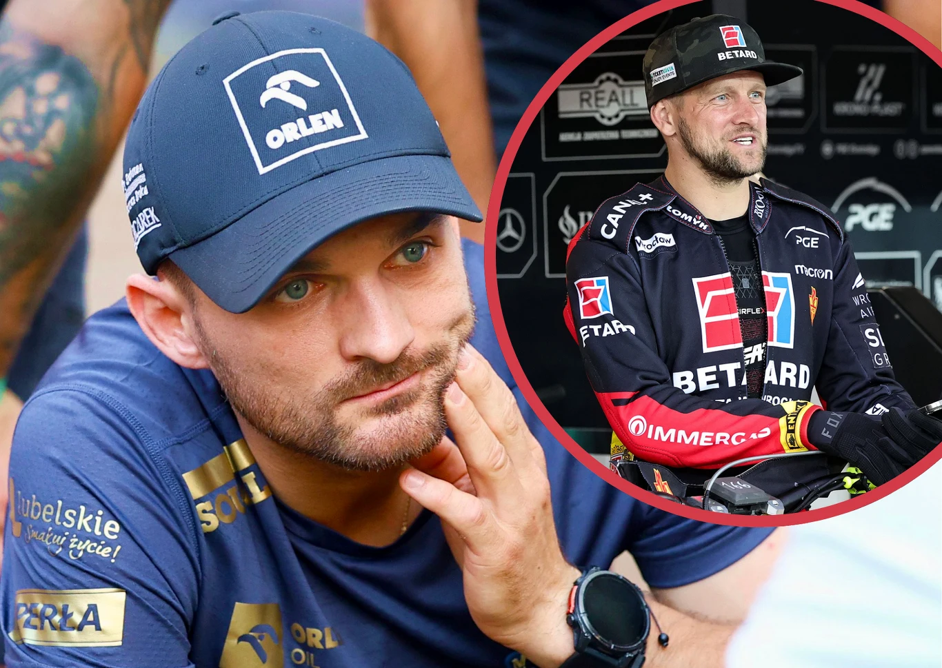 Mężczyzna ubrany w granatową koszulkę i czapkę z logo Orlen podpierający dłoń pod brodą, w prawym górnym rogu wstawka kołowa z jego zdjęciem w stroju zawodnika żużlowego Betard.