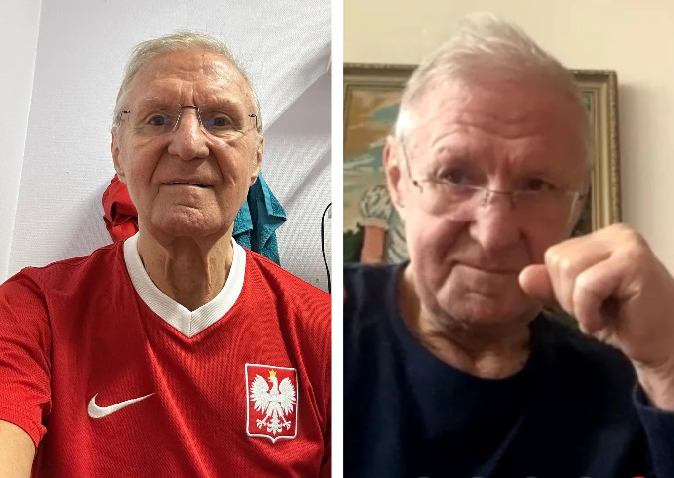 Starszy mężczyzna prezentuje się w dwóch ujęciach, po lewej stronie ubrany w czerwono-białą koszulkę z godłem Polski oraz logo Nike, po prawej pozuje z uniesioną pięścią w geście bojowym, obie sceny w pomieszczeniach.