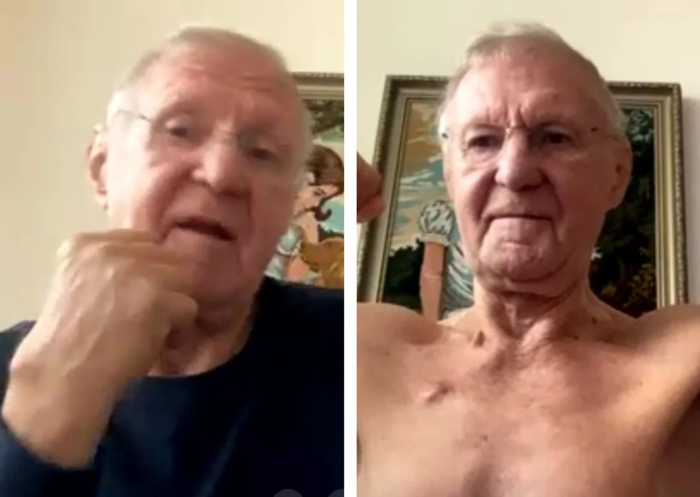 Starszy mężczyzna widoczny w dwóch ujęciach, po lewej ubrany w ciemną koszulkę, po prawej bez koszulki, na tle obrazu w pomieszczeniu mieszkalnym.