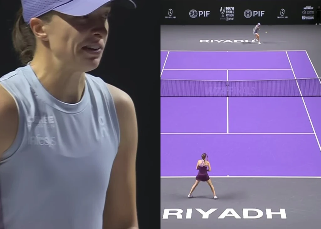 Kadr z meczu Iga Świątek - Jelena Rybakina na WTA Finals Dwie sceny z meczu tenisowego na kortach w Rijadzie – po lewej widoczna sylwetka tenisistki w sportowej bluzie i czapce, po prawej fragment boiska w ujęciu z góry, na którym dwie zawodniczki przygotowują się do wymiany.